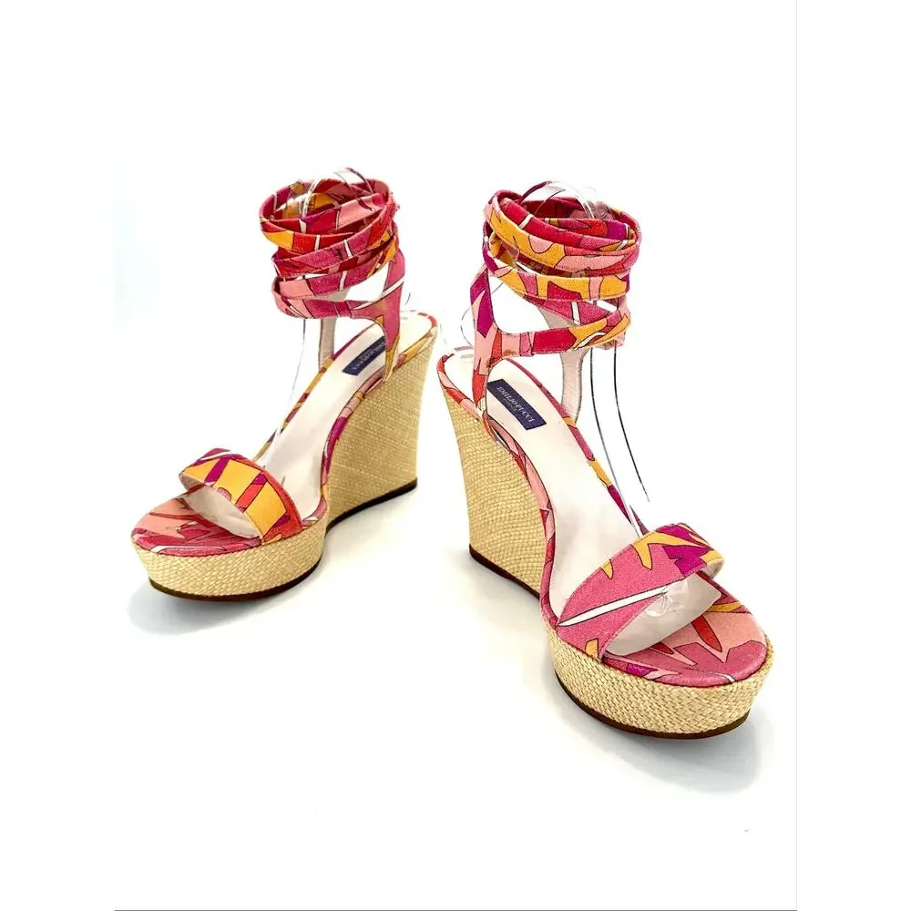 Emilio Pucci Vintage Y2K Wedge Sandal Size 10/40 Pink Multicolor Designer Italy